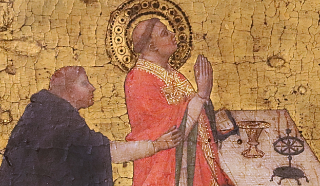 Thomas Aquinas Celebrating Mass, Andrea Orcagna, The Redeemer presenting the keys to Saint Peter and a book to St. Thomas Aquinas, with the Madonna, Saint John Baptist and other saints, 1357